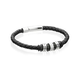 Fred Bennett Black Leather Bracelet with Black IP Beads Bracelet