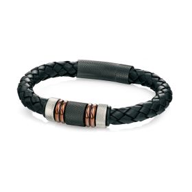 Fred Bennett Black Leather Woven Bracelet with IP Clasp