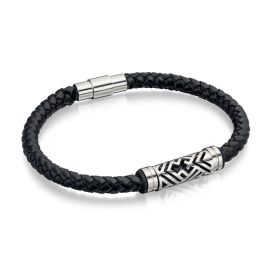 Fred Bennett Black Plaited Leather Bracelet with Steel Section