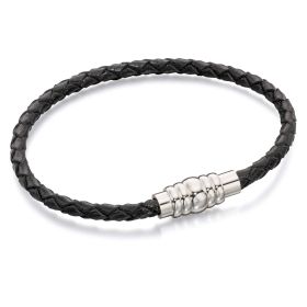 Fred Bennett Skinny Black Leather Bracelet With Magnetic Steel Clasp-21cm