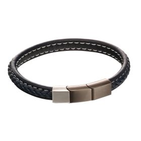 Fred Bennett Plait Detail Navy Leather Bracelet with Mixed Brushed Finish-21cm