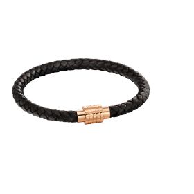 Fred Bennett Plaited Black Leather and Rose Gold IP Hexagon Clasp