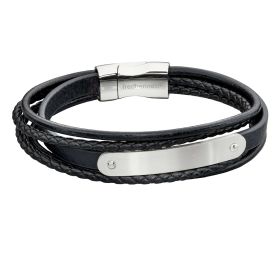 Fred Bennett Multi Strand Woven Black Leather & ID Bar Bracelet