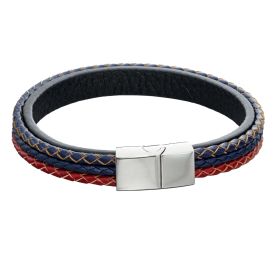 Fred Bennett Woven Blue, Red & Grey Leather Bracelet