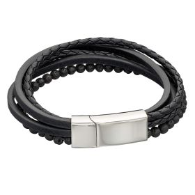 Fred Bennett Multi Row Black Leather Bracelet with Lava Beads-21cm