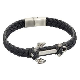 Fred Bennett Black Leather Plaited Bracelet with Anchor