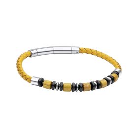 Fred Bennett Mustard Yellow Leather Bracelet with Wood and Black Onyx Beads