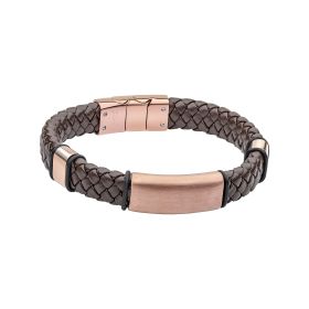 Fred Bennett Woven Brown Leather Bracelet with Coffee Plated Stainless Steel