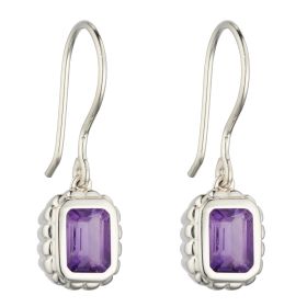 Curve Surround Emerald Cut Brazilian Amethyst Drop Earrings