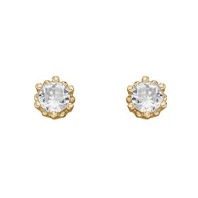 Dotted Edge Round Stud Earrings with CZ and Yellow Gold Plating