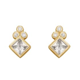 Diamond Shape Stud Earrings with CZ and Yellow Gold Plating