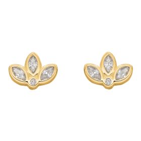 Lotus Flower Stud Earrings with CZ and Yellow Gold Plating