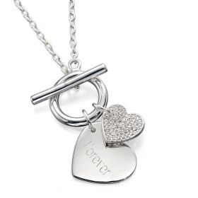 T-Bar Necklace with Double Heart Tags and Cubic Zirconia