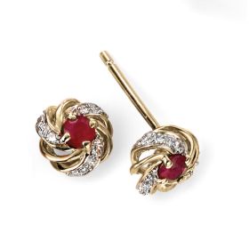 Round Ruby Cluster Earrings with Diamond in 9ct Gold