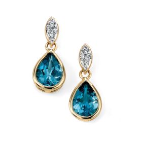 Teardrop Blue Topaz Earrings with Diamond in 9ct Gold