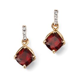 Square Garnet Drop Earrings with Diamond in 9ct Gold