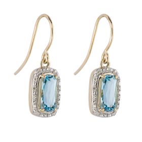 Elongated Blue Topaz and Diamond Surround Drop Earrings in 9ct Gold