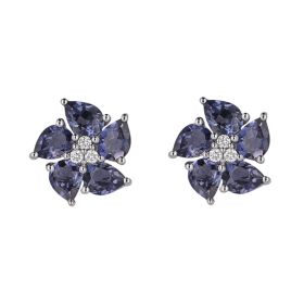 Peony Flower Earrings with Iolite and Diamond in 9ct Gold