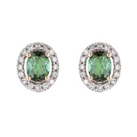 Green Tourmaline with Diamond Surround Stud Earrings in 9ct Gold