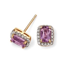 Cushion Cut Purple Amethyst Earrings with Diamond in 9ct Gold