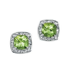 Cushion Cut Peridot Earrings with Diamond Surround in 9ct Gold