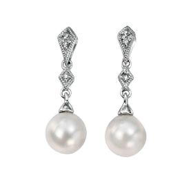 Freshwater Pearl and Diamond Drop Earrings in 9ct Gold