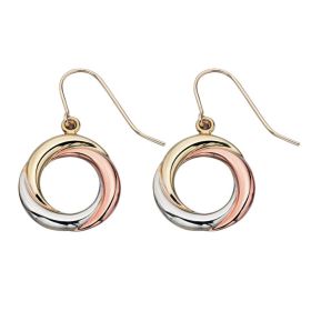 Tri-Metal Open Circle Drop Earrings in 9ct Gold