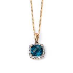 Checkerboard London Blue Topaz Pendant with Diamond in 9ct Gold