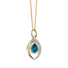 Twist Teardrop Blue Topaz Pendant with Diamond in 9ct Gold