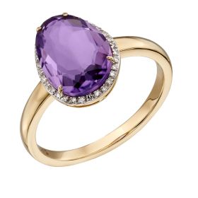 Irregular Shaped Purple Amethyst Stone Ring with Diamond Surround