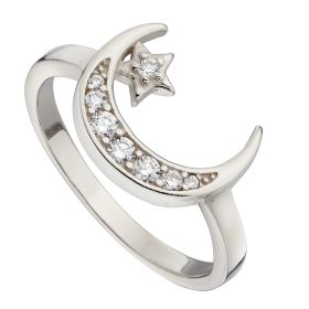 Crescent Moon and Star Ring with CZ-50